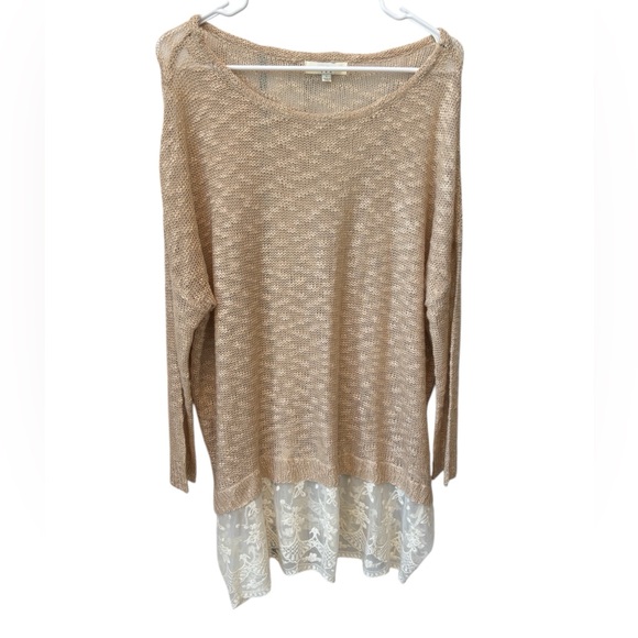 Umgee Sweaters - UMGEE Oversized Open Knit Lace Ruffle Sweater Women’s Large Beige Tunic Top